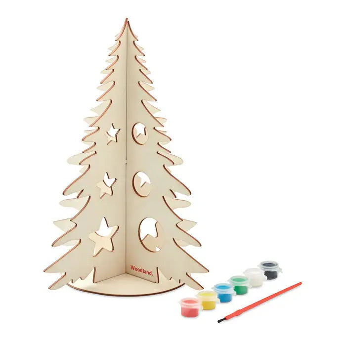Pom de craciun din lemn diy cu design decupat in forma de stea si cercuri, craft kit din lemn deschis la culoare
