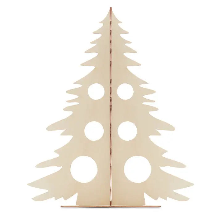 Pom de craciun din lemn diy minimalist cu finisaj natural bej si sase decupaje circulare