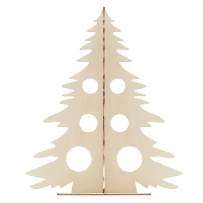 Pom de craciun din lemn diy minimalist cu finisaj natural bej si sase decupaje circulare