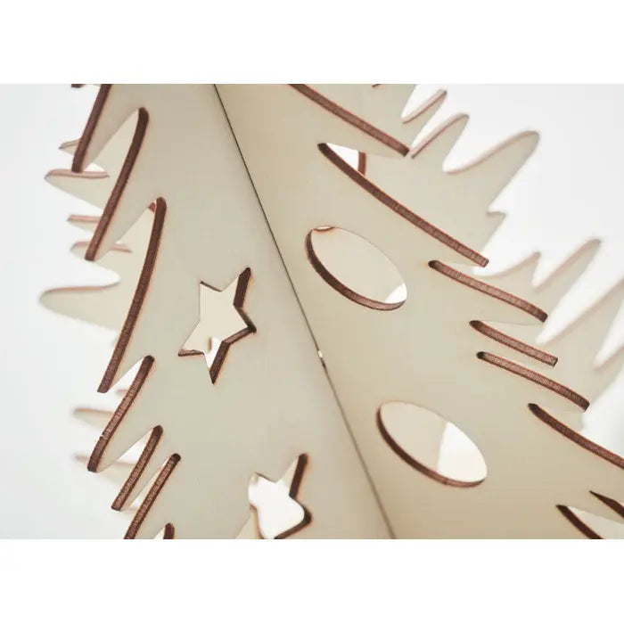 Pom de Craciun din lemn bej cu decupaje laser in forma de stea si oval pentru decorare DIY