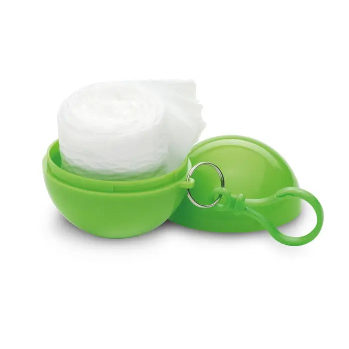 Recipient rotund poncho în suport verde aprins din plastic cu șnur și rolă de șervețele albe