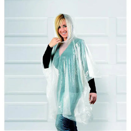 Poncho transparent teal din plastic cu gluga potrivit pentru ploaie in recipient rotund
