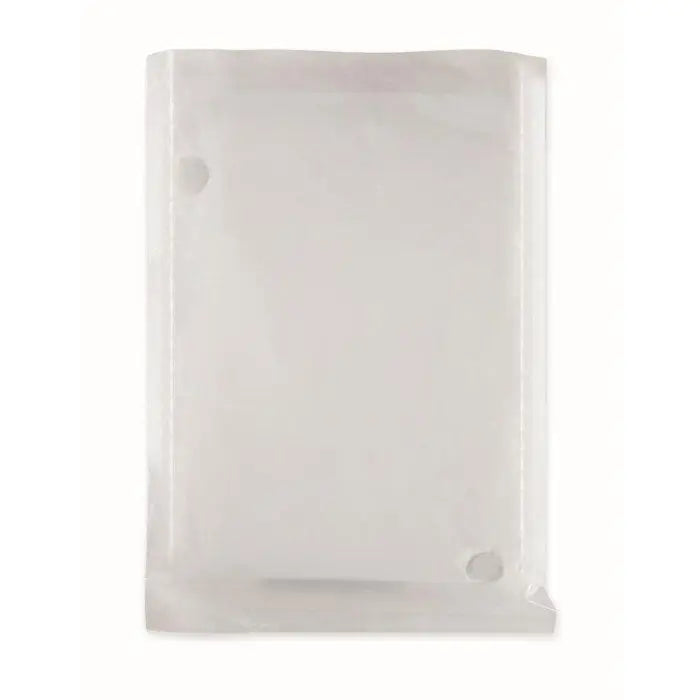 Plic transparent din plastic biodegradabil cu margini intarite si doua gauri circulare, parte a setului poncho si geanta biodegradabile