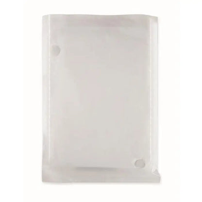 Plic transparent din plastic biodegradabil cu margini intarite si doua gauri circulare, parte a setului poncho si geanta biodegradabile