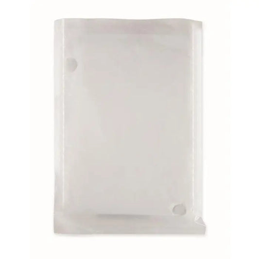 Plic transparent din plastic biodegradabil cu margini intarite si doua gauri circulare, parte a setului poncho si geanta biodegradabile