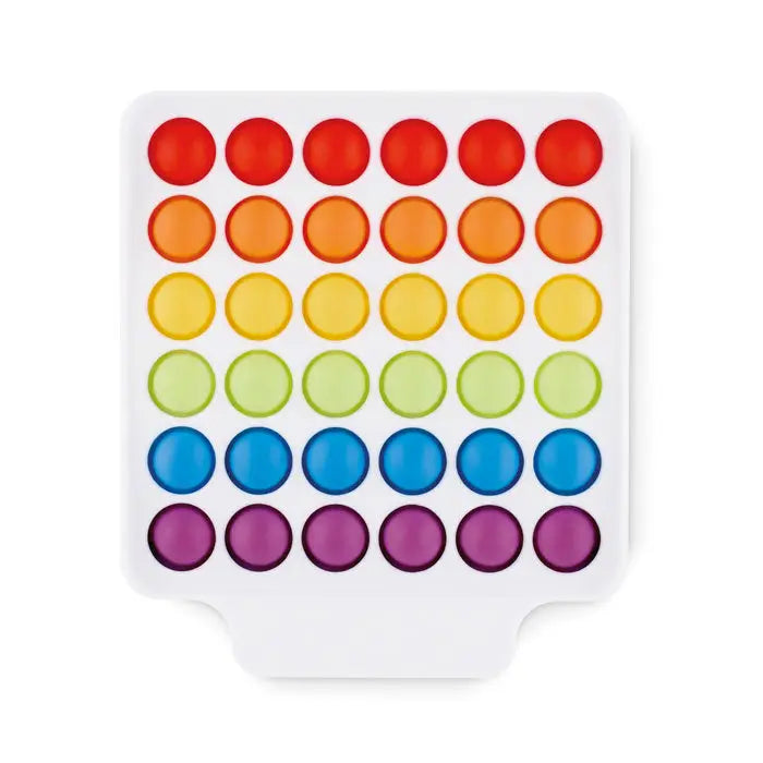 Pop it fidget jucarie cu bază albă și butoane tactile rotunde în cinci rânduri color curcubeu