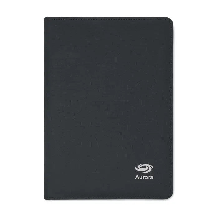 Black notebook portofoliu a5 300d rpet din piele ecologica cu textura subtila si logo alb aurora in coltul din dreapta jos
