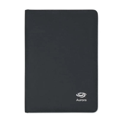 Black notebook portofoliu a5 300d rpet din piele ecologica cu textura subtila si logo alb aurora in coltul din dreapta jos
