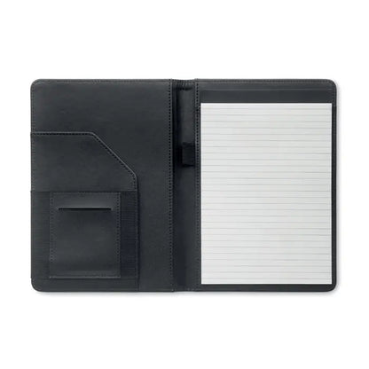 Portofoliu a5 300d rpet cuhieft de piele neagra, suport carnet linit si buzunar pentru carduri