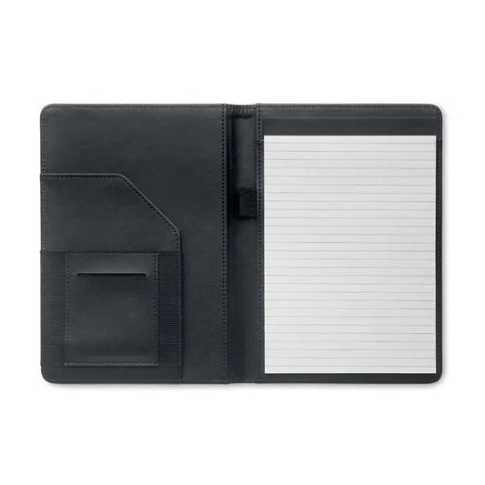 Portofoliu a5 300d rpet cuhieft de piele neagra, suport carnet linit si buzunar pentru carduri