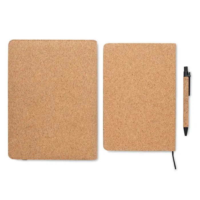 Portofoliu a5 din pluta cu coperta si pix asortat din pluta cu design minimalist si textura naturala