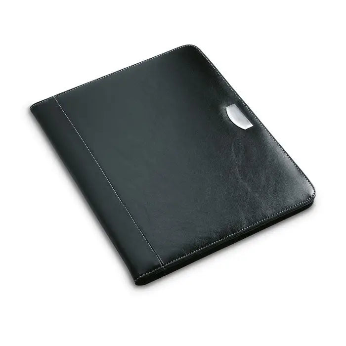 Portofoliu pu negru cu bloc de 20 pagini, margini cusute si bara argintie pe lateral