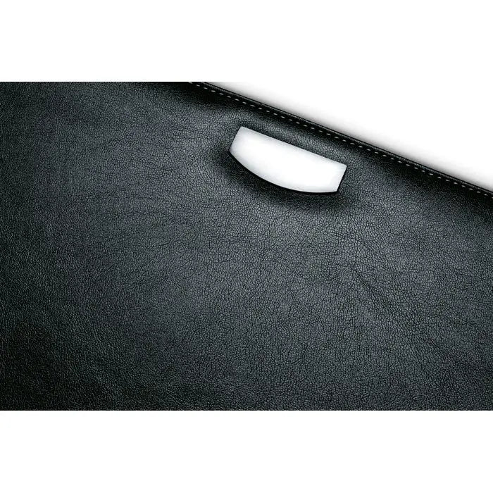 Portofoliu pu negru din piele ecologica cu bloc de 20 pagini si fermoar curbat alb pentru laptop