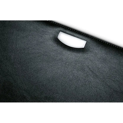 Portofoliu pu negru din piele ecologica cu bloc de 20 pagini si fermoar curbat alb pentru laptop