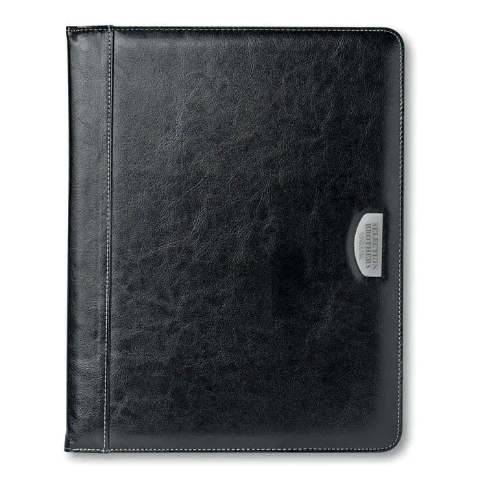 Portofoliu pu negru cu bloc de 20 pagini si placuta metalica argintie pe fata