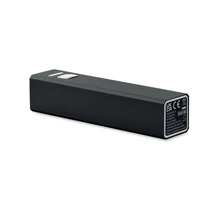 Power bank 2600 mAh negru dreptunghiular cu finisaj mat si accent argintiu pe suprafata superioara