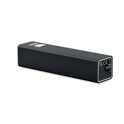 Power bank 2600 mAh negru dreptunghiular cu finisaj mat si accent argintiu pe suprafata superioara