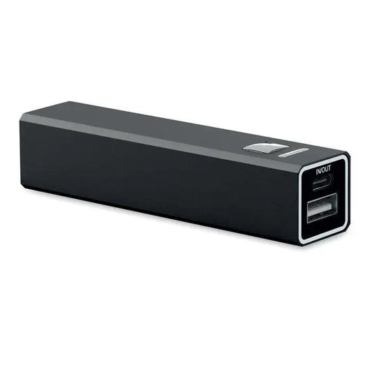 Power bank negru rectangular de 2600 mAh cu accent argintiu si porturi usb duale inout la un capat