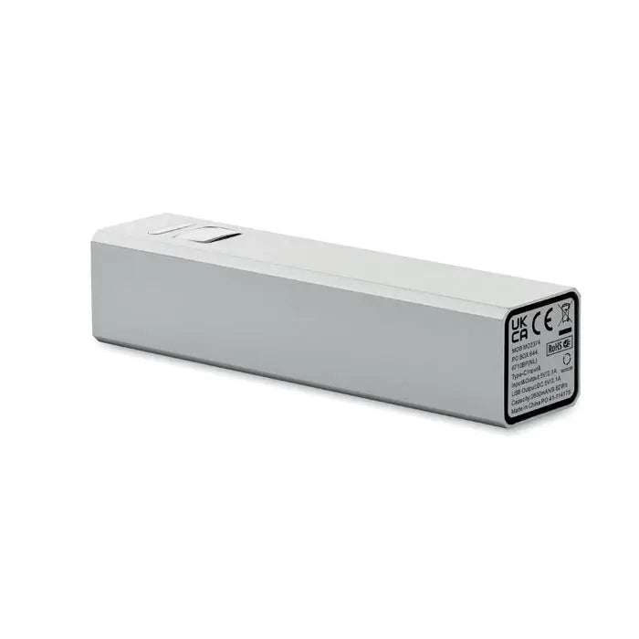 Power bank 2600 mah dreptunghiular argintiu cu finisaj mat si port mic pe suprafata superioara