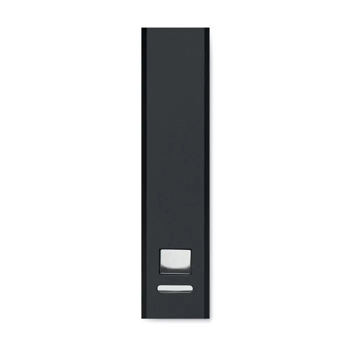 Black rectangular power bank 2600 mAh with glossy finish and silver accent buttons for portable charging