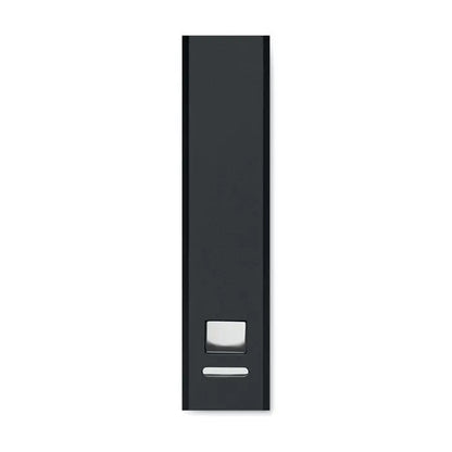 Black rectangular power bank 2600 mAh with glossy finish and silver accent buttons for portable charging