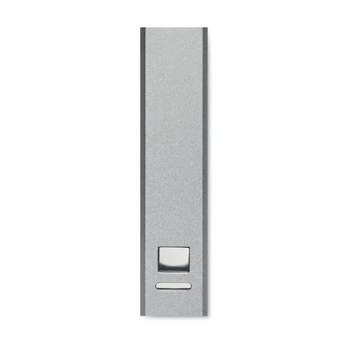 Power bank portabil dreptunghiular argintiu cu finisaj mat si doua butoane mici elegante 2600 mAh