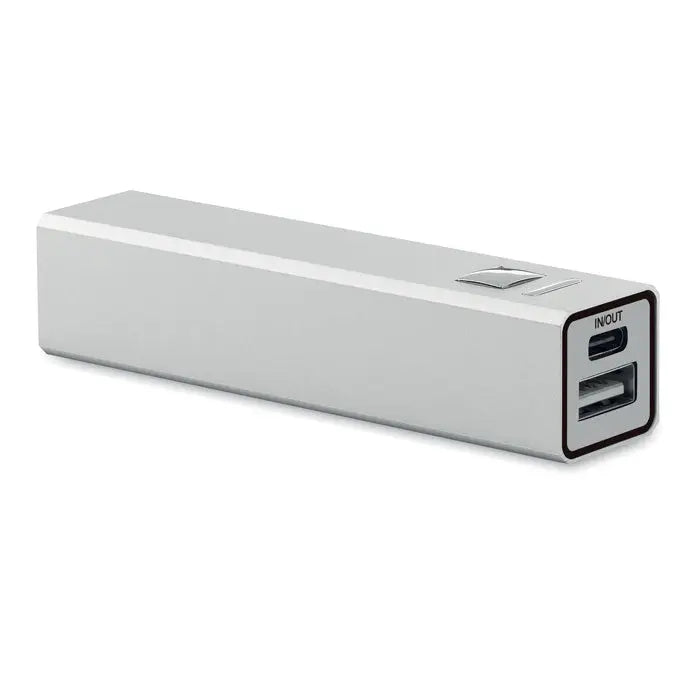 Power bank 2600 mah încărcător portabil dreptunghiular argintiu cu finisaj metalic și porturi usb duble