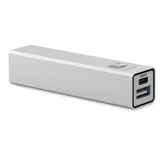 Power bank 2600 mah încărcător portabil dreptunghiular argintiu cu finisaj metalic și porturi usb duble