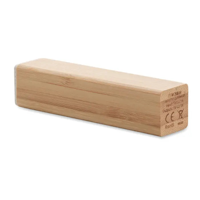 Power bank 2600 mah portabil din bambus maro deschis cu design minimalist dreptunghiular si textura naturala