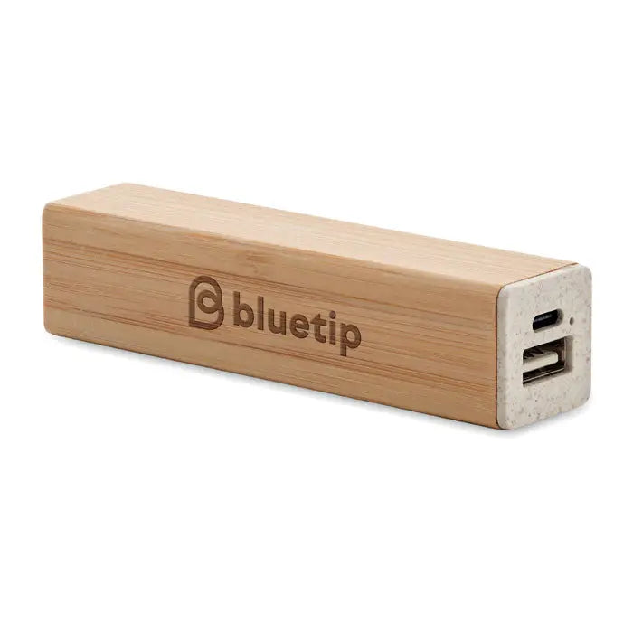 Power bank 2600 mAh din bambus cu finisaj natural si panou lateral din beton cu logo bluetip gravat