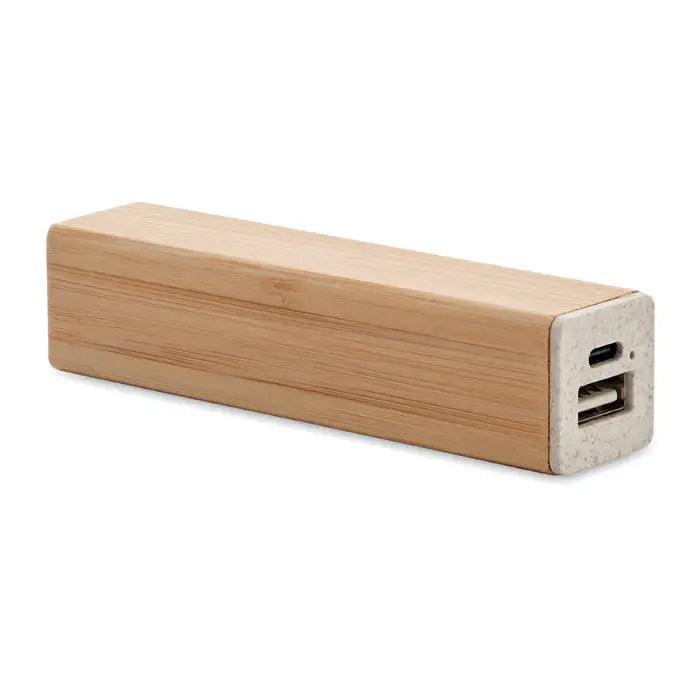 Power bank 2600 mAh dreptunghiular din bambus si beton cu finisaj natural si porturi duble de incarcare
