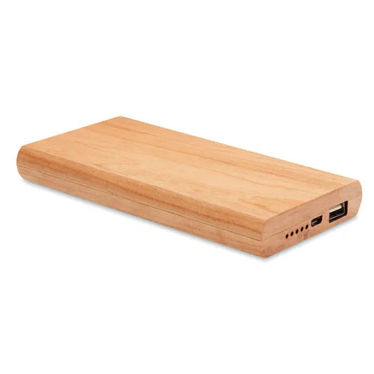 Power bank 4000 mAh din bambus de culoare maro deschis cu finisaj natural si margini rotunjite
