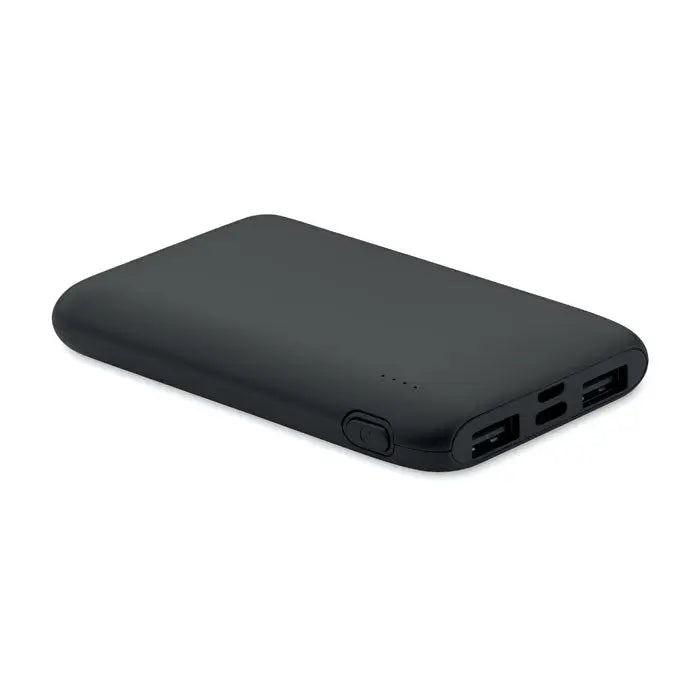 Power bank portabil negru de 5000 mAh cu margini rotunjite si multiple porturi usb pentru incarcare rapida