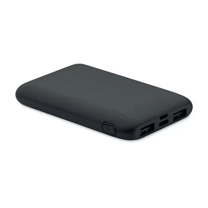 Power bank portabil negru de 5000 mAh cu margini rotunjite si multiple porturi usb pentru incarcare rapida