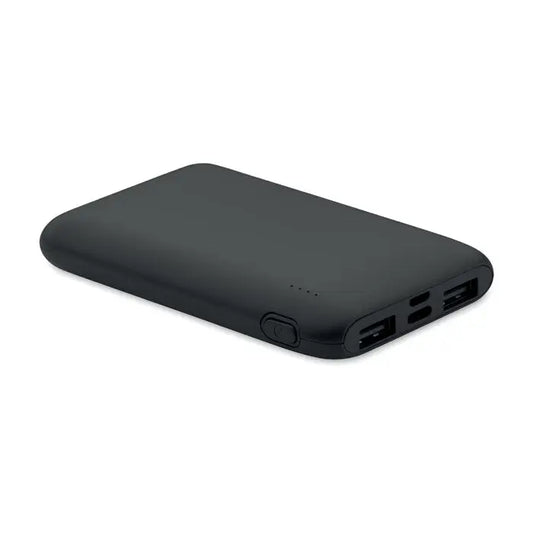 Power bank portabil negru de 5000 mAh cu margini rotunjite si multiple porturi usb pentru incarcare rapida