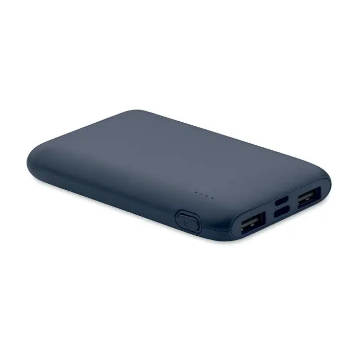 Power bank portabilă albastru închis 5000 mAh cu margini rotunjite și două porturi usb pe o parte
