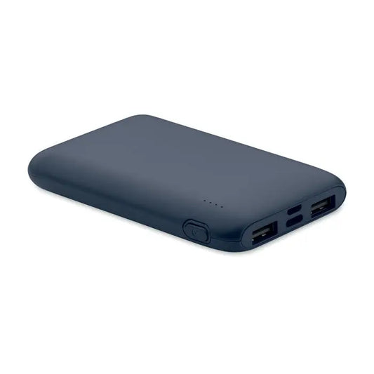 Power bank portabilă albastru închis 5000 mAh cu margini rotunjite și două porturi usb pe o parte