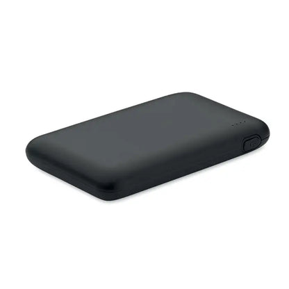 Power bank negru, dreptunghiular, margini rotunjite, finisaj mat, capacitate 5000 mAh, portabil
