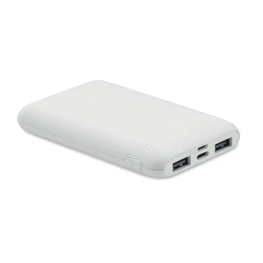 Power bank alb dreptunghiular 5000 mAh cu margini rotunjite, doua porturi usb si buton de pornire lateral