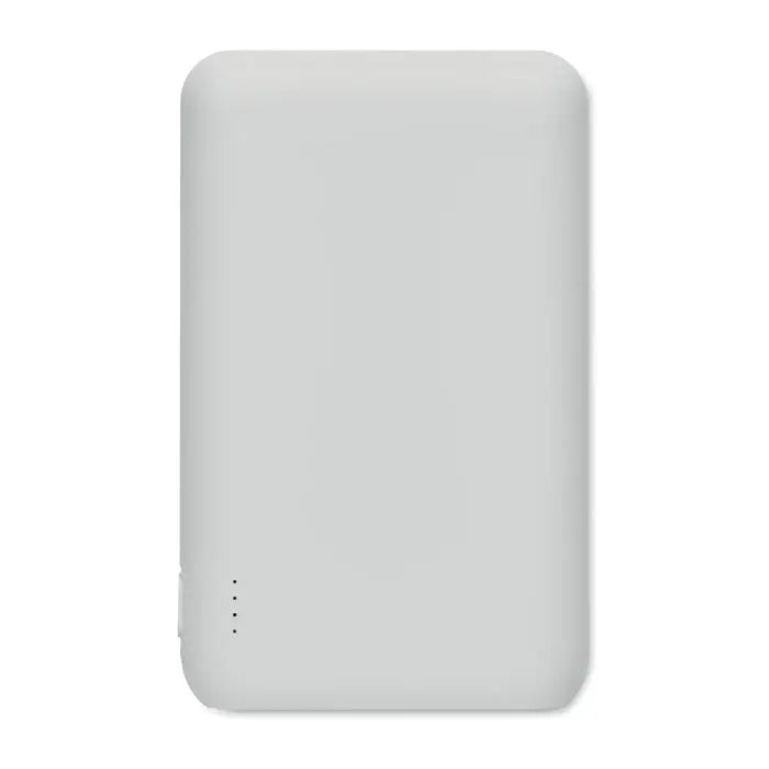 Power bank 5000 mAh alb sleek minimalist cu margini rotunjite și indicatori subtili de stare lateral
