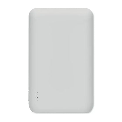 Power bank 5000 mAh alb sleek minimalist cu margini rotunjite și indicatori subtili de stare lateral
