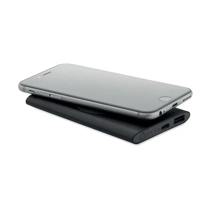 Power bank wireless negru 5000mAh 15W cu porturi usb-c si micro-usb pentru incarcare rapida