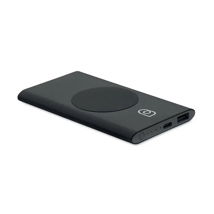Power bank negru 5000mAh 15W cu încărcare magnetică circulară și porturi usb pe lateral
