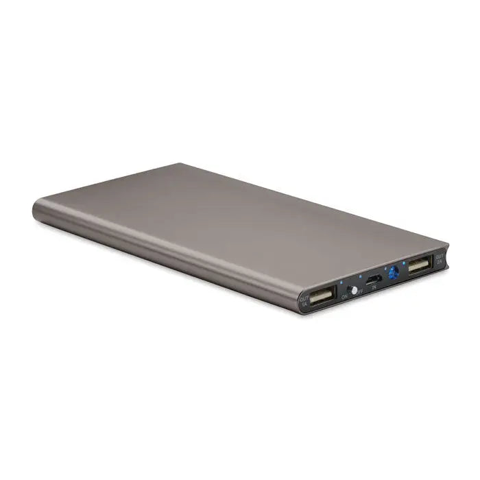 Power bank 8000 mah gri metalic dreptunghiular cu multiple porturi usb și intrare micro-usb pentru încărcare rapidă