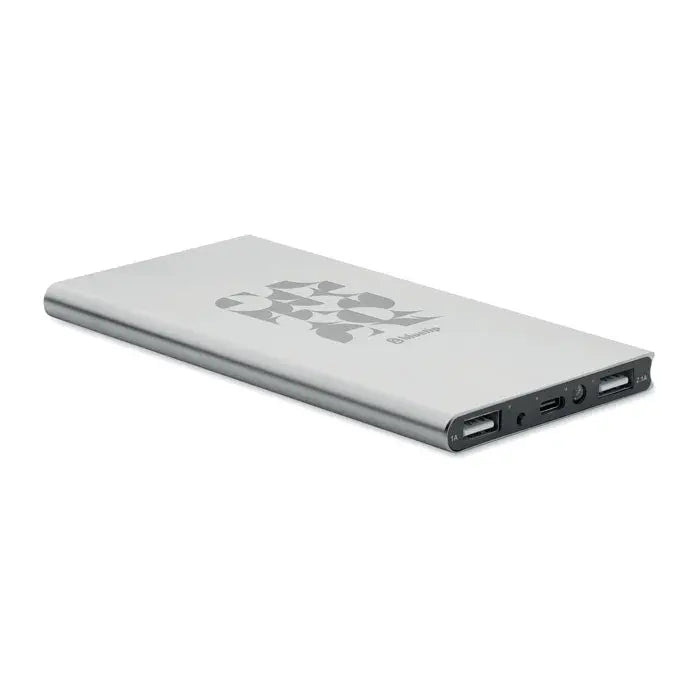 Power bank silver dreptunghiular 8000 mAh cu model geometric subtil și brandul blinking imprimat pe suprafață