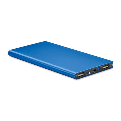 Power bank portabil albastru de 8000 mAh cu multiple porturi usb și intrare pentru încărcare