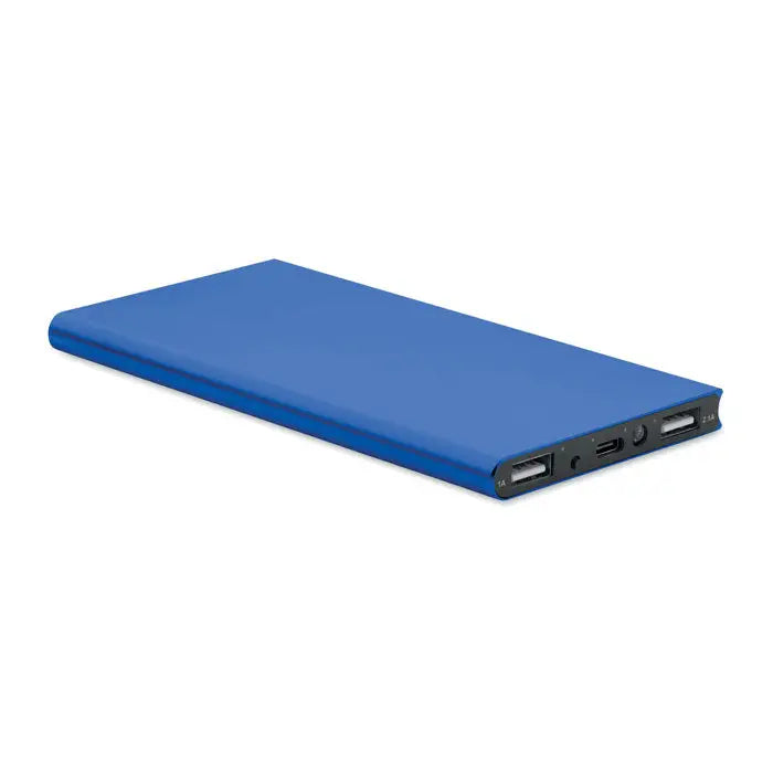 Power bank 8000 mah albastru dreptunghiular cu finisaj metalic elegant și porturi usb multiple pentru încărcare portabilă