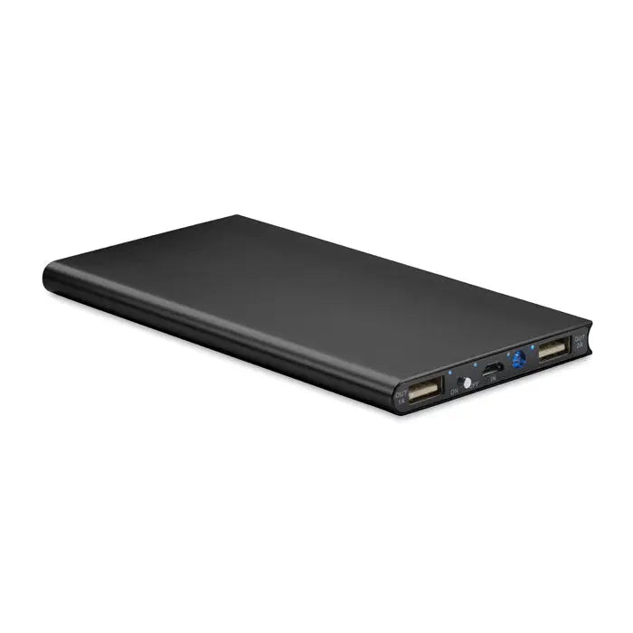 Power bank 8000 mAh negru dreptunghiular cu multiple porturi usb si intrare micro-usb pentru incarcare portabila