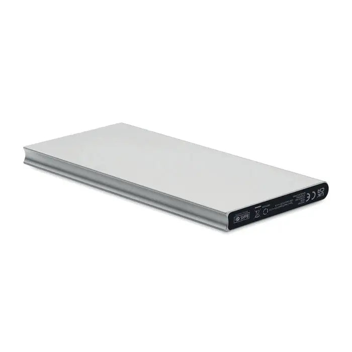 Power bank 8000 mAh dreptunghiular argintiu cu finisaj metalic elegant și etichetare neagră pe o margine