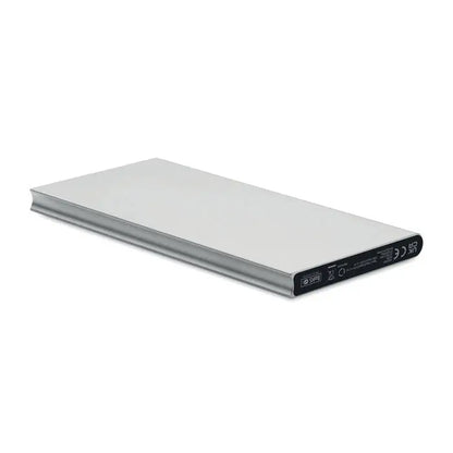 Power bank 8000 mAh dreptunghiular argintiu cu finisaj metalic elegant și etichetare neagră pe o margine
